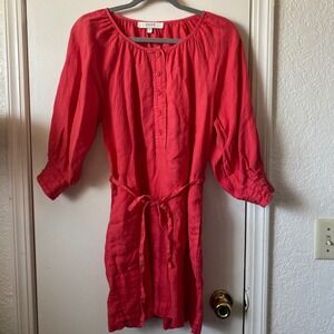 Joie Landry Mini Linen Dress XS Coral Red Linen 3/4 Sleeve Tie Waist Casual
